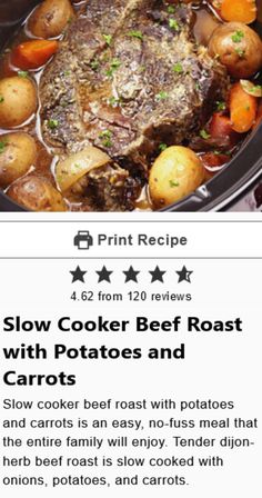 the recipe for slow cooker beef roast with potatoes and carrots is shown on an iphone