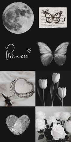 black and white collage with butterflies, flowers, heart, bracelets