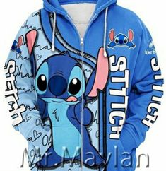 a blue hoodie with an image of stitch and stitch on it