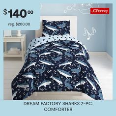 Sleep at your own risk with the dream factory twin sharks mini comforter set. This comforter set brings under-the-sea adventures to your child's bedroom. Friendly sharks swim on the face of this set on a navy-blue ground. This ocean inspired 5- piece set will enliven your child's room. Machine washable for easy care.# Pieces In Set: 2Included: 1 Comforter(s), 1 Standard Sham(s)Bedding Thread Count: 130Sheets Thread Count: 130Bed Size: FullFill Weight: 5 1/2 oz. of FillBedding Measurements: 88 L… Shark Bedding, Blue Comforter Sets, Shark Swimming, Adventure Of The Seas, Ocean Inspired, Bed Set, Ocean Inspiration, Child's Room, Comforter Set