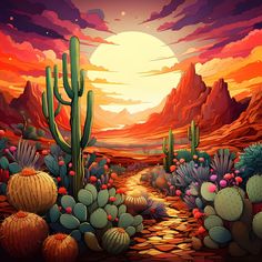 a desert scene with cactus trees, rocks and mountains in the background at sunset or sunrise