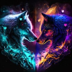 two colorful wolfs facing each other with hearts in their eyes and glowing lights behind them