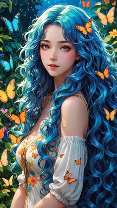 a girl with blue hair and butterflies on her shoulder