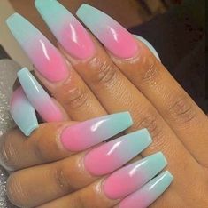 Shiny Nails Designs, Cotton Candy Nails, Pink Ombre Nails, Ombre Acrylic Nails, Blue Nail, Acrylic Nails Coffin, Pedicures, Coffin Nails Designs, Pretty Acrylic Nails