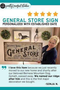 a woman standing in front of a sign that reads general store sign personalized with established date