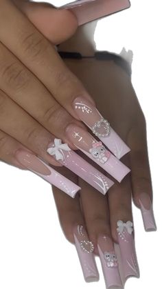 pink acrylic nails bow heart hello kitty Bad Nails Funny, Long Pink Hello Kitty Nails, Nails Acrylic Soft Pink, Hello Kitty Baddie Nails, Girly Acrylic Nails Almond, Pink French Tip Nails With Bow, Coffin Bow Nails, Coquette Nails Pink Bow, Hello Kitty Stiletto Nails