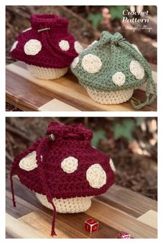 two crocheted purses sitting on top of a wooden table next to each other