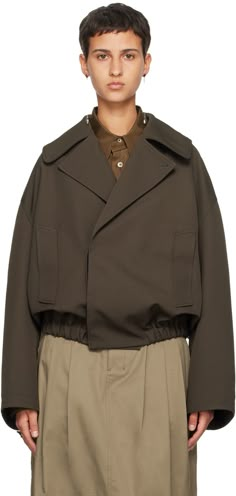 Polyester- and wool-blend cavalry twill jacket. · Notched lapel · Concealed double-breasted button closure · Welt pockets · Elasticized hem · Dropped shoulders · Adjustable button tab at cuffs · Welt pocket at interior · Full twill lining · Corozo hardware Supplier color: Dark brown Luxury Outerwear With Ribbed Cuffs And Baseball Collar, Short Sleeve Jacket Winter, Luxury Long Sleeve Utility Jacket With Buttons, Luxury Menswear-inspired Outerwear With Button Cuffs, Short Parka Coat, Jacket Pocket Design, Arket Clothing, Double Welt Pocket, Hardware Fashion