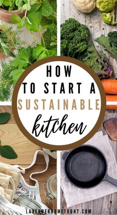 the words how to start a sustainable kitchen on top of pictures of vegetables and herbs