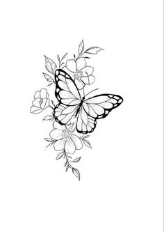 a black and white drawing of a butterfly with flowers on it's back side