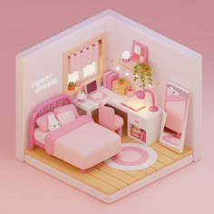 a pink room with a bed, desk and mirror