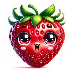 a cartoon strawberry with big eyes and a green leaf on top