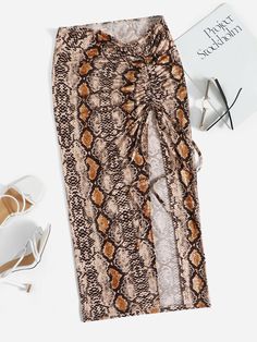 Khaki Sexy   Polyester Snakeskin Print Slit Embellished Slight Stretch Summer Women Bottoms Fabric Texture Pattern, Women Bottoms, Tube Skirt, Women Skirts, Plus Size Skirts, Snakeskin Print, Printed Drawstring, Kids Sleepwear, Wrap Skirt