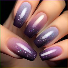 A gradient design that transitions from a dark, rich purple at the cuticle to a light lavender at the tips. The ombre effect is seamless and smooth, with each nail covered in a layer of fine, holographic glitter. The glitter adds a sparkling, multidimensional effect to the gradient, catching the light and making the nails shimmer with every movement. A glossy top coat seals the design, adding extra shine. Glitter Gradient Nails, Purple Glitter Nails, Fall Nail Trends, Nail Art For Beginners, Nail Shimmer, Nails Red, Sparkle Nails, Gradient Nails