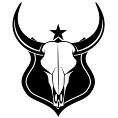 a bull's skull with horns and stars on the side, in black and white