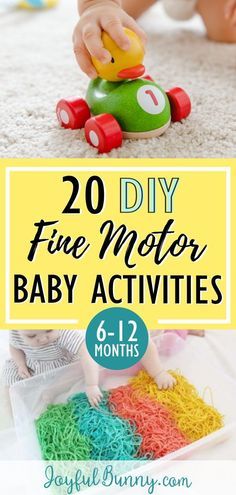 a baby playing with toys on the floor and text overlay reads 20 diy fine motor baby activities