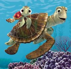 an image of a turtle and fish swimming in the ocean with corals behind them