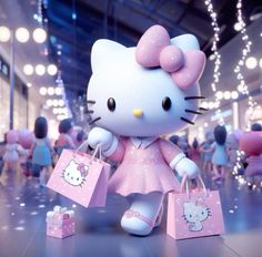 the hello kitty doll is holding shopping bags in her hand and walking down the hall