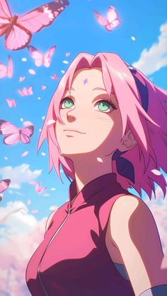 a woman with pink hair and green eyes standing in front of butterflies