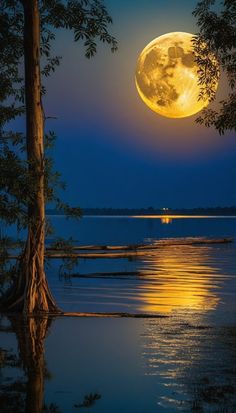 the full moon is reflected in the water