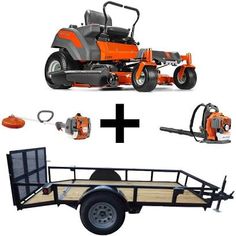 an orange lawn mower sitting next to a trailer with tools on the back and wheels