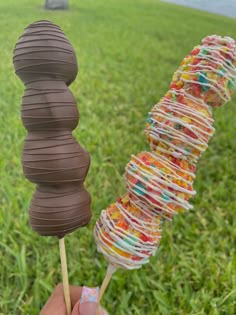 a hand holding a chocolate covered lollipop with sprinkles