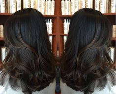 Subtle balayage Streaks With Black Hair, No Bleach Balayage Black Hair, Subtle Brown Highlights On Black Hair, Subtle Dark Brown Balayage, Subtle Black Balayage, Chocolate Brown Balayage On Black Hair Straight Hair, Black Hair Partial Balayage, Asian Natural Balayage Dark Brown