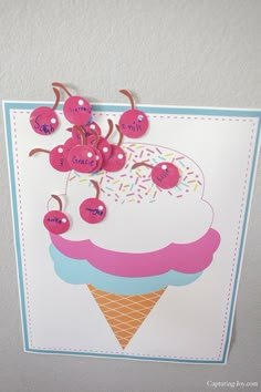 an ice cream sundae with cherries on top is displayed in front of a white wall