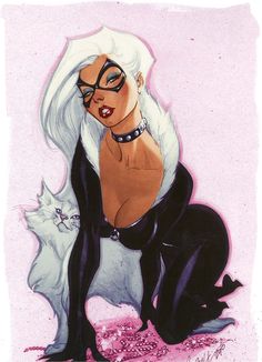 a drawing of a woman with white hair and black glasses sitting next to a cat