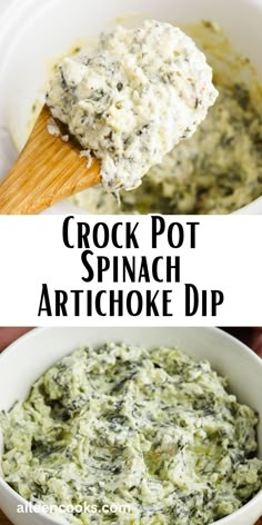 crock pot spinach artichoke dip in a white bowl with a wooden spoon