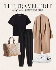 Kim Kardashian Travel Outfits, Outfits For Airport Travel, Cute Comfortable Travel Outfits, Black Jogger Travel Outfit, 4 Day Travel Outfits, Sneaker Travel Outfit, Comfy Flight Outfit Summer, Work Outfit With Joggers