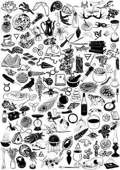 black and white illustration of various items in the shape of a circle on a white background