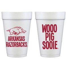 two cups with the words woop pig sooe and arkansas razorbacks on them