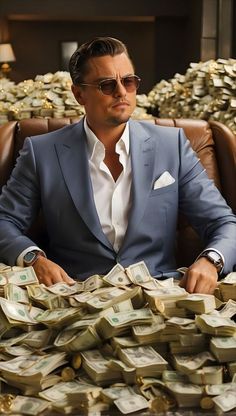 a man in a suit sitting at a table full of money