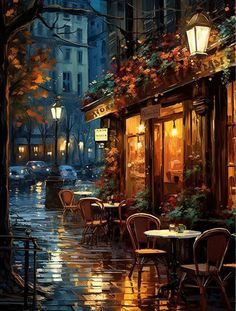 a painting of an outdoor cafe with tables and chairs on a rainy night in the city