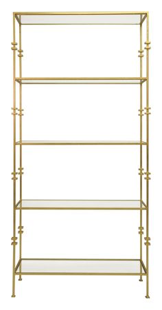 a gold metal shelf with glass shelves on each side and two rows of shelves in the middle