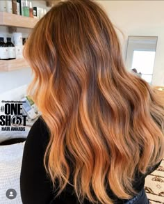 Balayage Hair Strawberry Blonde Dark Roots, Orange To Brown Hair, Golden Copper Hair Balayage, Balayage Orange Hair, Ginger Balayage On Brown Hair, Golden Copper Balayage, Marigold Hair, Strawberry Blonde Hair Color Ideas, Cowgirl Copper