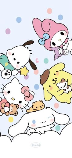 hello kitty and her friends are playing with each other on the bed together in this cartoon