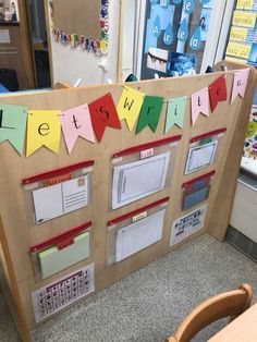 a bulletin board that has been decorated with letters and numbers on it in a classroom