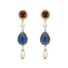 Shop our regal Elwyn earrings from the Lucresia collection, made with colorful glass stones and Majorca glass pearls set in 24K gold-plated brass. Available in 2 jewel-tone color combinations, these earrings are perfect for your next date night or evening look. Handmade and made-to-order in NYC. Gold And Sapphire Earrings, Privacy Garden, Jewel Tone Colors, Fall Earrings, Elegant Red, 24kt Gold, Pearl Set, City Design, Blue Jewelry