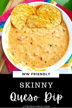 Step up your appetizer game with this Skinny Queso Dip. At just 70 calories a serving, you can indulge in some cheesy goodness without the guilt! Low Point Easy Dinners, Take Out Inspired Dinner, Weight Watcher Friendly Desserts, Healthier Queso Dip, Ww Appetizers Parties, Healthy Queso Dip Easy, Ww Salty Snacks, Weight Watchers Queso Dip, Ww Queso Dip