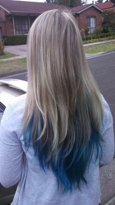 Blue Underneath Hair Blonde, Blue Underneath Hair, Colored Hair Ends, Blue Hair Underneath