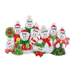 a group of snowmen with names on them