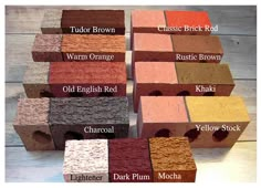 several different colored brick blocks with names on them