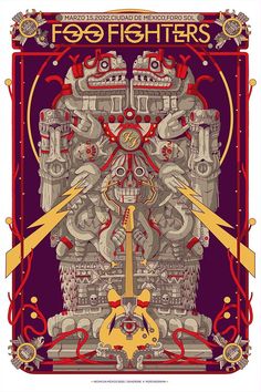 the poster for foo fighters is shown in red and yellow colors, with an intricate design on