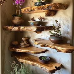 three wooden shelves with plants and bowls on them