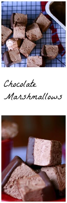 chocolate marshmallows are stacked on top of each other with the words chocolate marshmallows above them