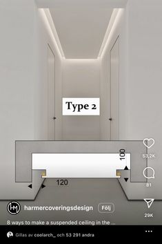 a room with white walls and flooring that has different types of lighting on the ceiling