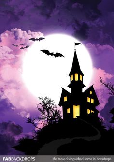 a spooky halloween house with bats flying over it and the moon in the background