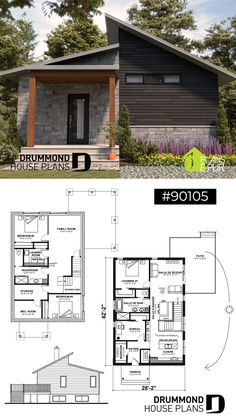 two story house plan with floor plans and elevation details, including the front and back views